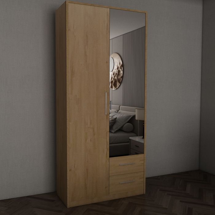 Wardrobe - WINSTEAD 2 Door Mirrored Wardrobe Planked Oak 90cm