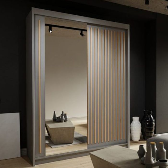 Sliding Wardrobe - ZEUS 2 Door Mirrored Wardrobe Grey 150cm