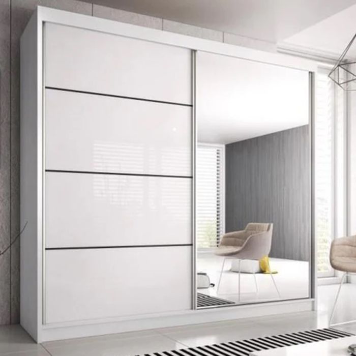 Wardrobe - MABLE-XIII 2 Door Mirrored Sliding Wardrobe White 183cm