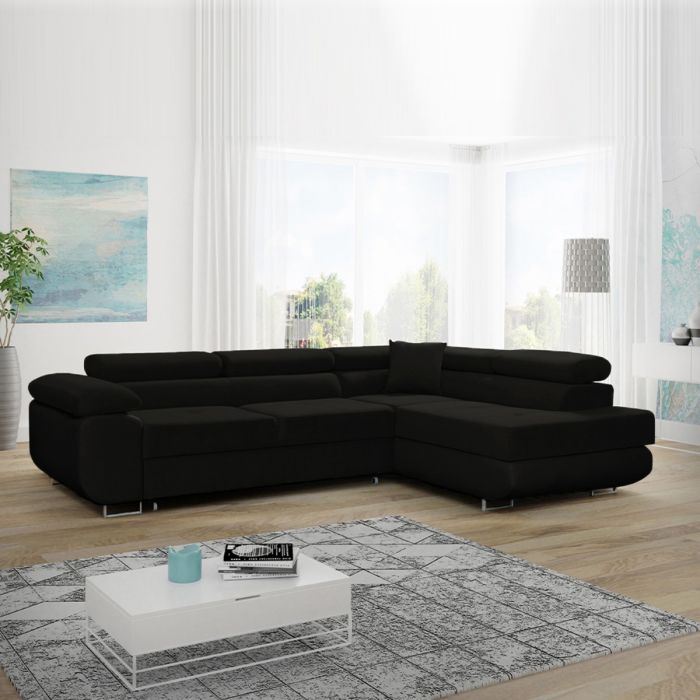 Cambridge Modern Design L-Shape Large Corner Sofabed with Adjustable Headrests - Black