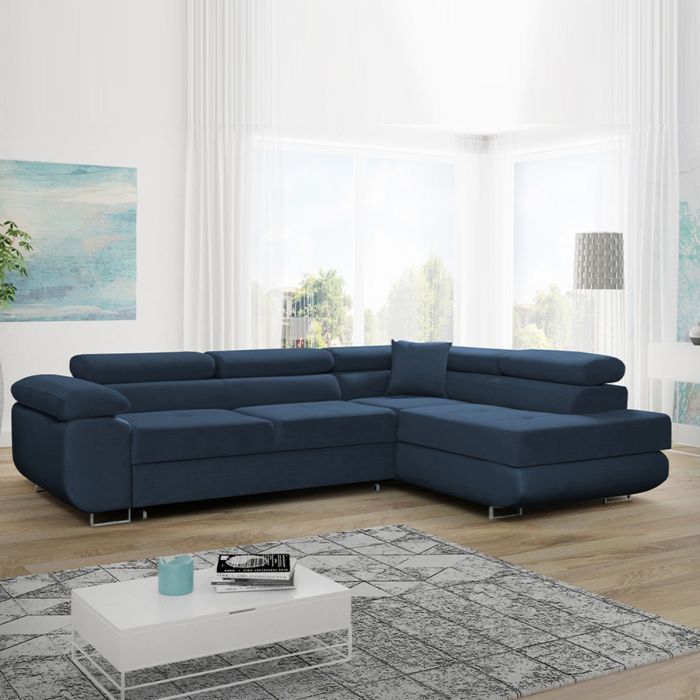 Cambridge Modern Design L-Shape Large Corner Sofabed with Adjustable Headrests - Blue