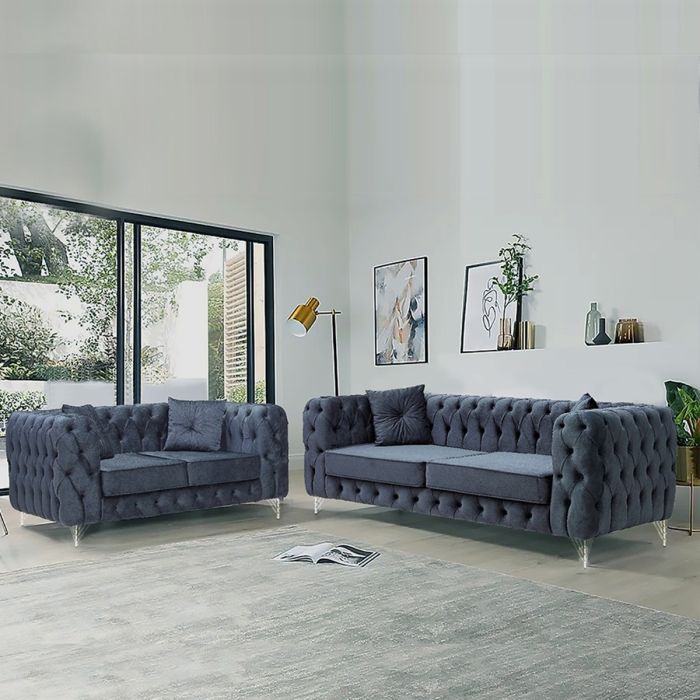 Sofa Set - HEREFORD Plush Velvet 3 Seater and 2 Seater Sofa Set - Grey