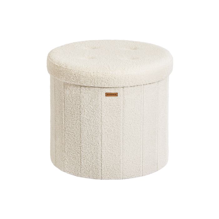 Storage Ottoman Stool - VELSO Round Foldable Storage Ottoman with Removable Lid - White