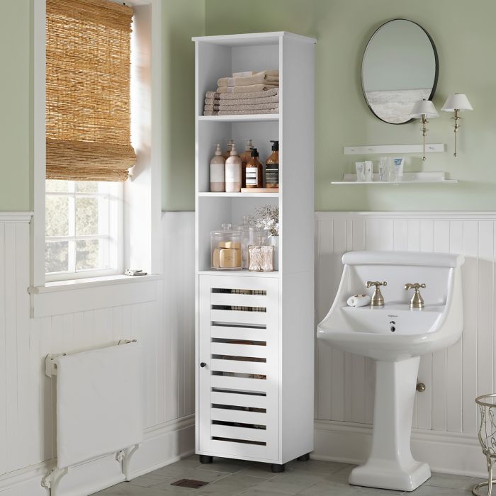 Tall Bathroom Cabinet - MARDA Floor Storage with 3 Open Compartments and Adjustable Shelves - White