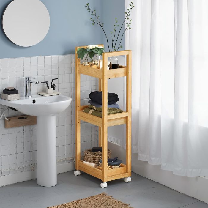 Bathroom Trolley - MARDA Slim 3 Tier Storage Shelf on Wheel - Medium Wood