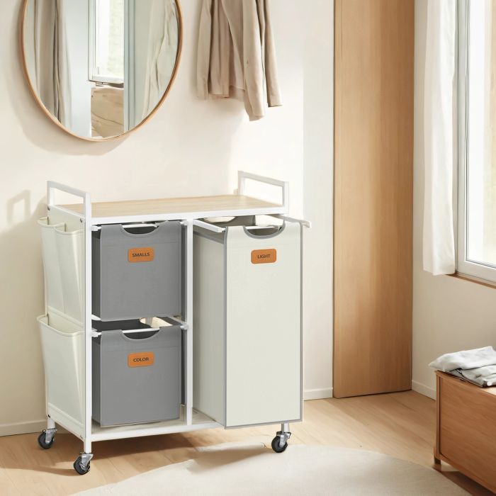ASFYTI 3 Compartment Laundry Basket with Shelves 100L - Natural Beige, Dove Grey and White