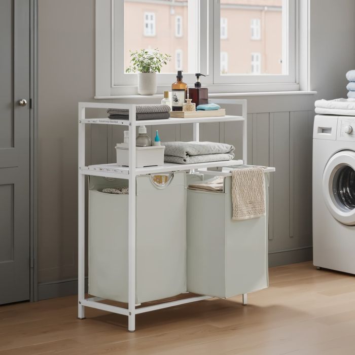 Laundry Hamper - MARDA Sorter with 2 Pull Out Bags and 2 Shelves - White