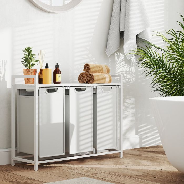 Laundry Basket - MARDA 3 Compartment Hamper with Pull Out Removable Bag - White