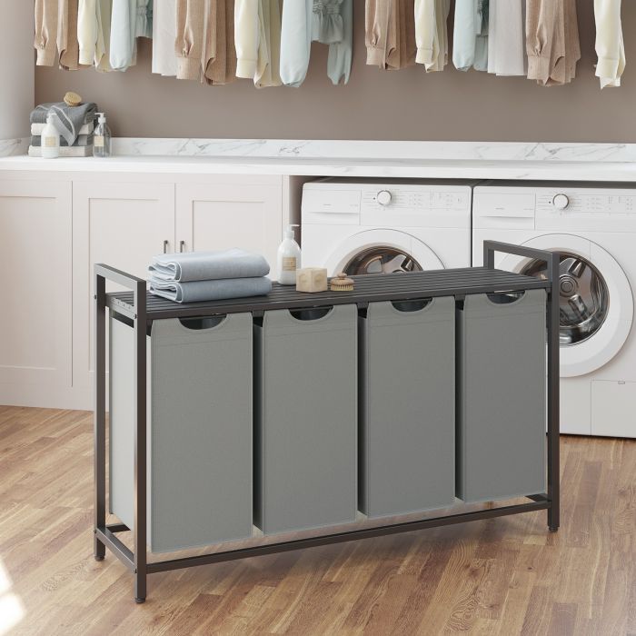 Laundry Sorter - MARDA 4-Section Pull Out Basket with Removable Bags - Grey