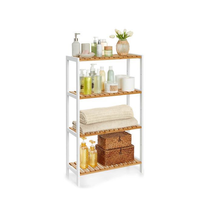 Bamboo Shelf - FINVAS 4 Tier Storage Unit 26 x 60 x 100 cm - White and Natural