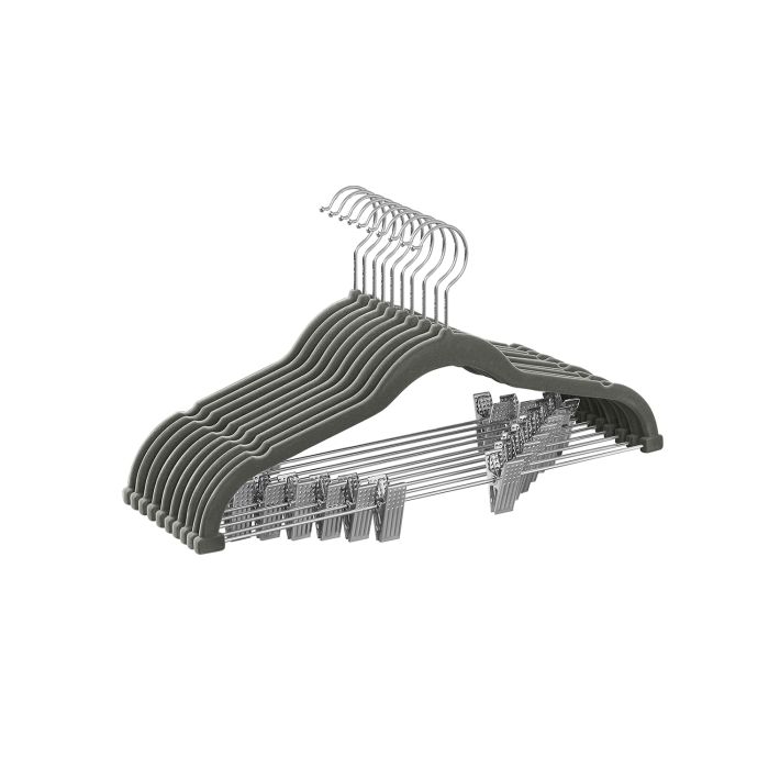 Set of 10 Velvet Hangers with Adjustable Clips Grey