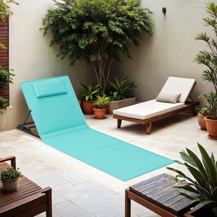Beach Sunlounger - FIORIA Folding Mat Reclining Backrest - Lake Blue
