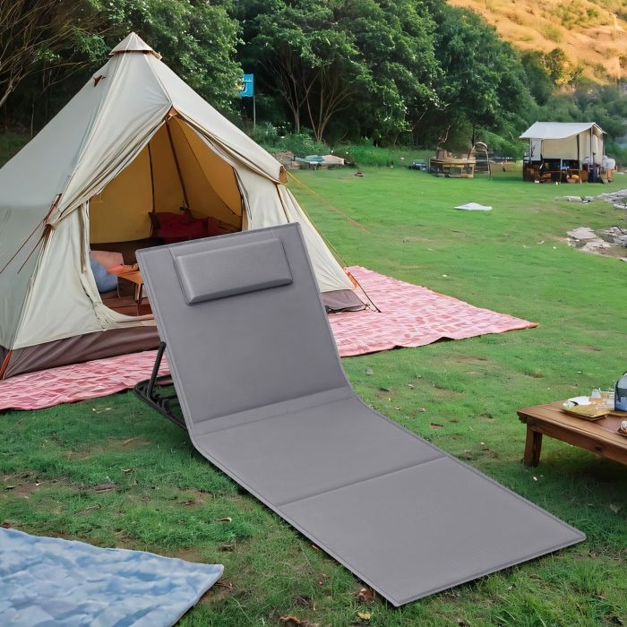 Beach Sunlounger - FIORIA Folding Mat Reclining Backrest - Grey