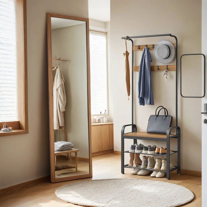 Coat Rack - TARVA 4-in-1 Stand with Shoe Storage Bench - Brown