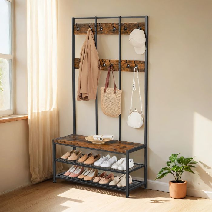 Coat Rack - TARVA Entryway Cabinet with 12 Hooks and Shoe Bench - Black