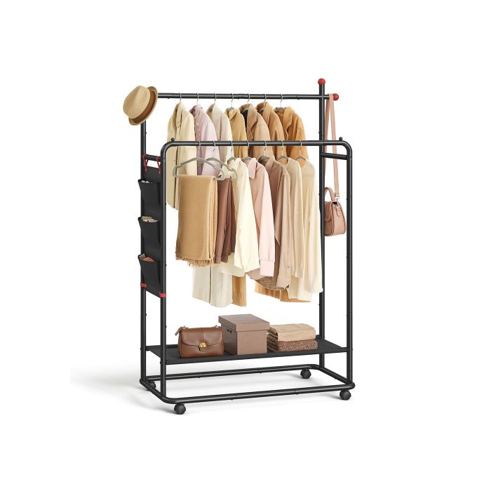 Clothes Rail - FIONIA On Wheels with 2 Hanging Rails - Black