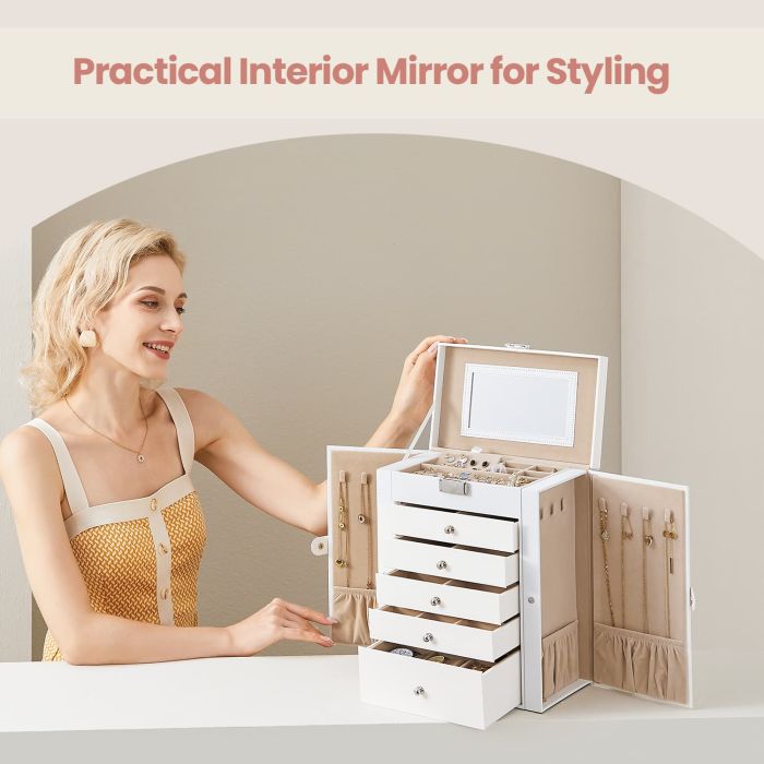 Jewelry Box - VERRIA 6 Tier Organizer with 5 Drawers Large Capacity - White