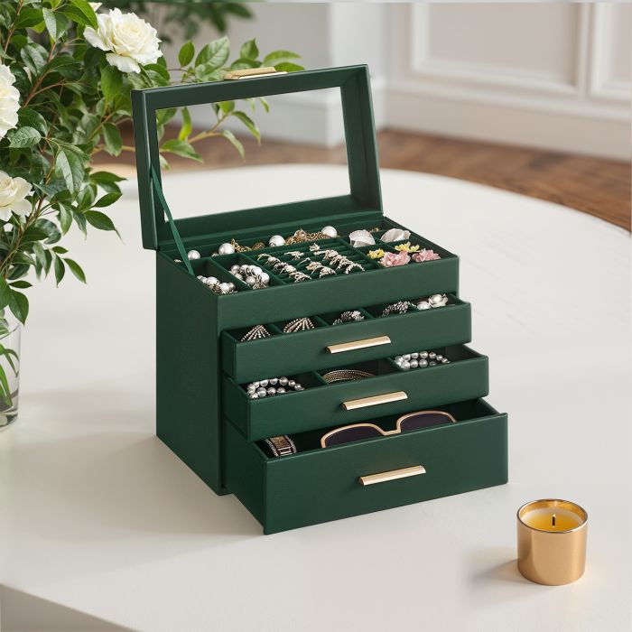 Jewellery Box - VERRIA 4 Tier Organizer with Glass Lid and 3 Drawer - Green