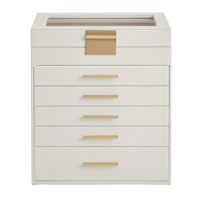 BIXEXE 6 Layer Jewellery Box with Glass Lid - White and Gold