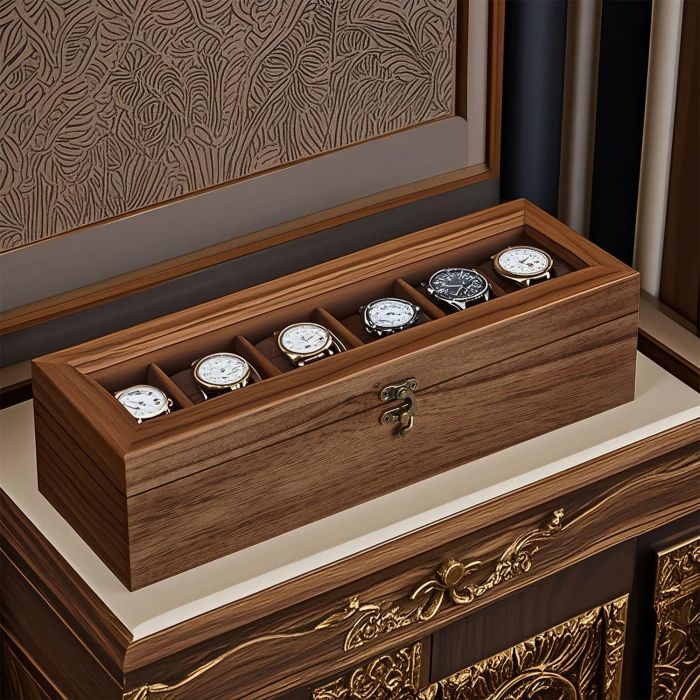 Watch Box - VERRIA 6 Slots Organizer Solid Wood Case with Glass Lid - Camel Brown