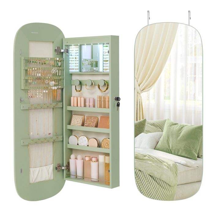 BLSULU Lockable LED Mirror Jewellery Cabinet - Laurel Green and Cream White