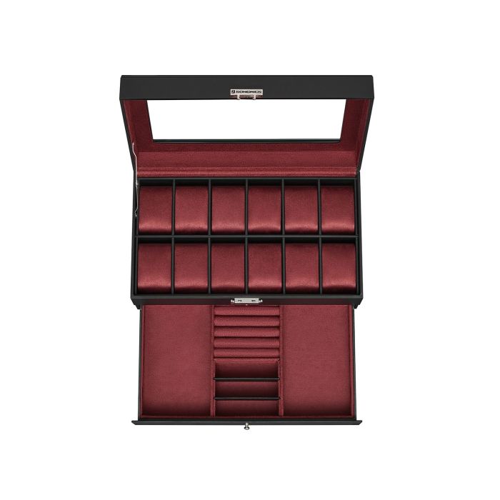 Watch Box - GRARIA 2 Tier 12 Watch Display - Black Wine Red