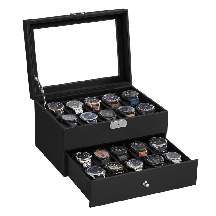 BRGEXO 2 Tier Watch Box with Glass Lid - Black Synthetic Leather