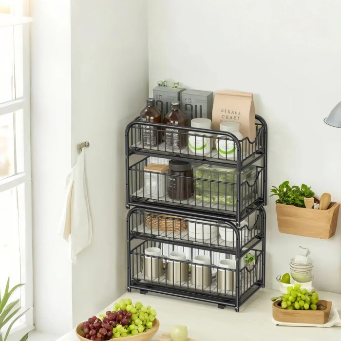 Under Sink Organizer - FINTTO 2 Tier Sliding Basket Organizer - Black
