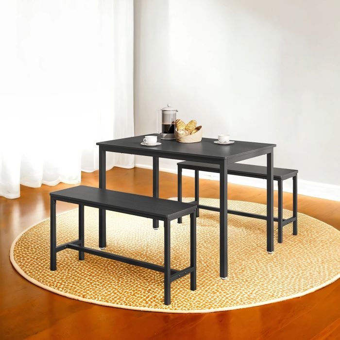 Dining Table Set - FINTTO 3-Piece Dining Set with 2 Benches - Black