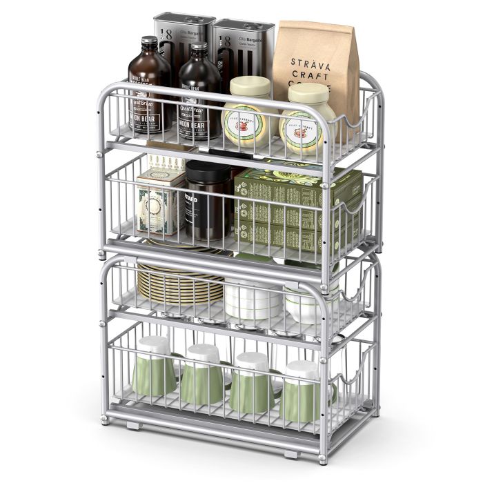 Sink Organizer - LUSLIA Sliding Basket Under Sink Organizer - Metallic Silver