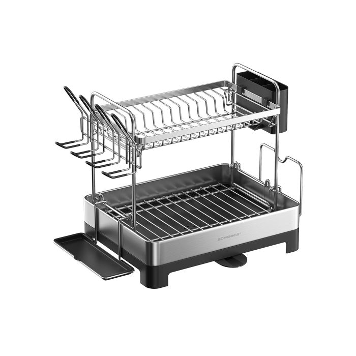 2-Tier Dish Drainer for Kitchen Counter with Rotatable and Extendable Drain Spout