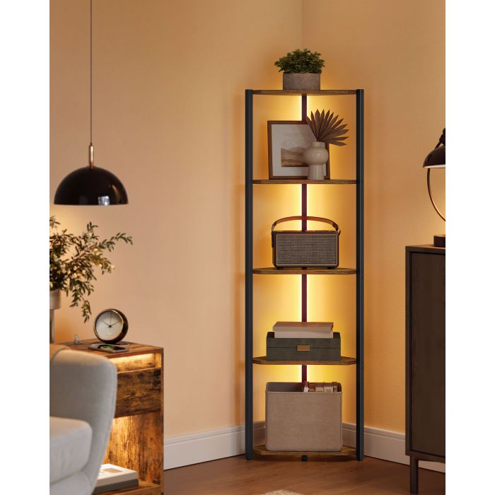 Bookcase - VERRA 5 Tier Corner Shelf with Adjustable LED Light - Camel Brown