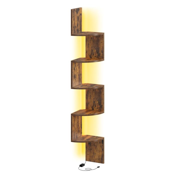 CLTEPY 5 Tier Corner Wall Shelf with LED Lights - Brown