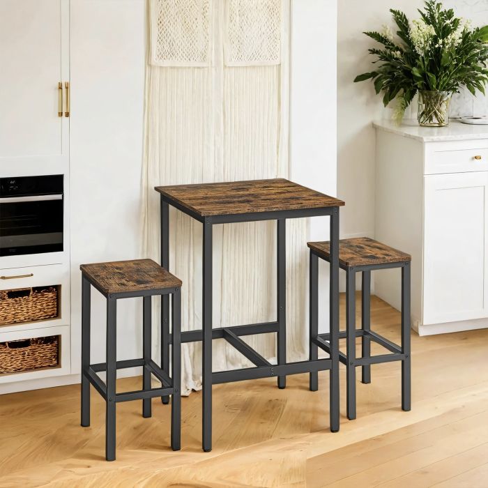 Bar Table Set - VERRA High Dining Bar Table Set with 2 Bar Chairs Stool - Dark Wood