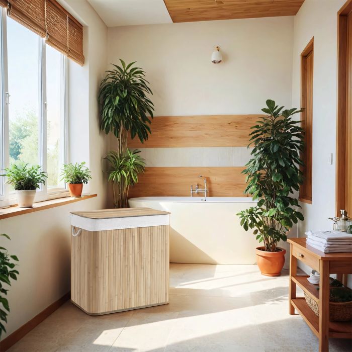 Laundry Basket - VERRA 3-Section Bamboo Hamper with Lid 150L - Natural