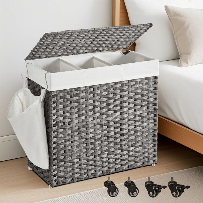 Laundry Hamper - VERRA Rolling Basket with Lid and Wheels 140L - Grey