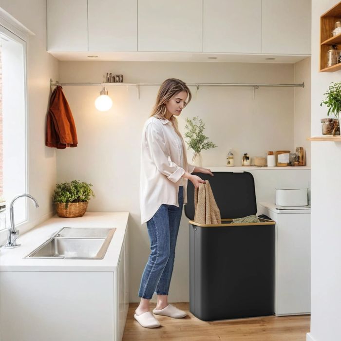 Laundry Basket - VERRA 3-Section Large Hamper with Lid 150L - Black