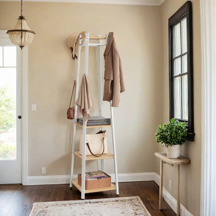 Coat Rack - VERRA Free Standing Hall Tree with 3 Shelves and Hook - White