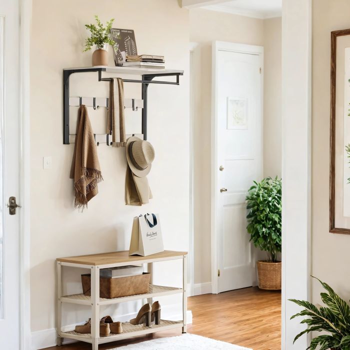 Coat Rack - VERRA Wall Shelf with 10 Hooks and Clothes Rail - Beige