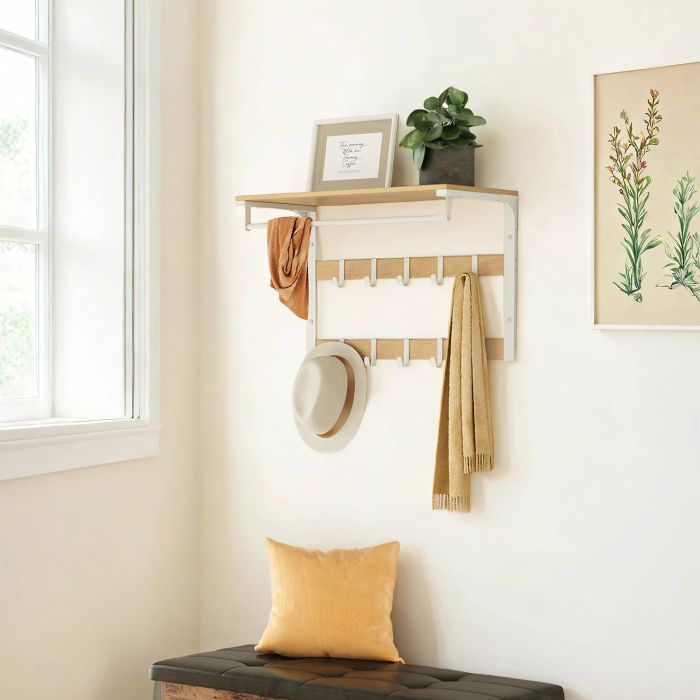 Coat Rack - VERRA Wall Shelf with 10 Hooks and Clothes Rail - Oak and White
