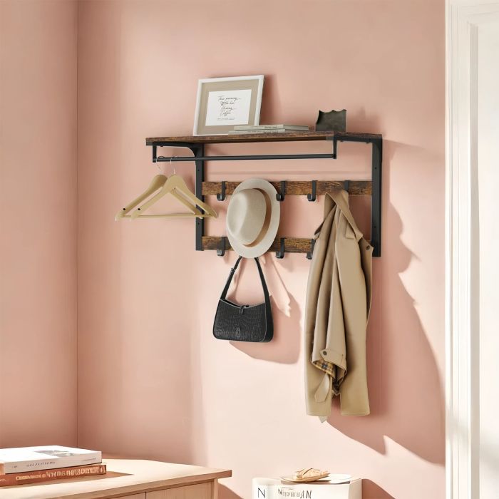 Coat Rack - VERRA Wall Shelf with 10 Hooks and Clothes Rail - Rustic Brown