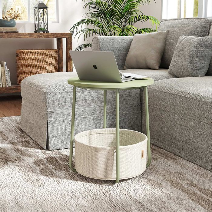 Side Table - VERRA Round End Table with Fabric Basket - Cream