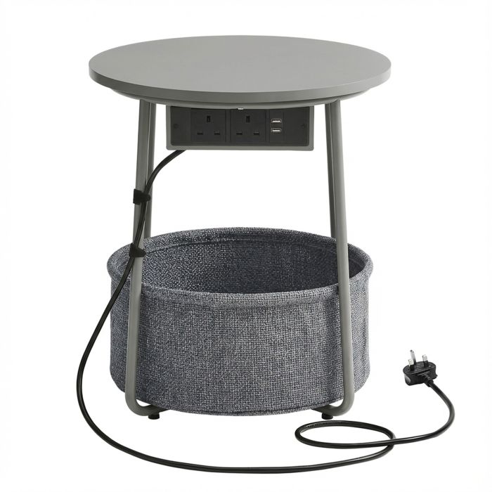 DENABE Round Side Table with Fabric Basket - Grey