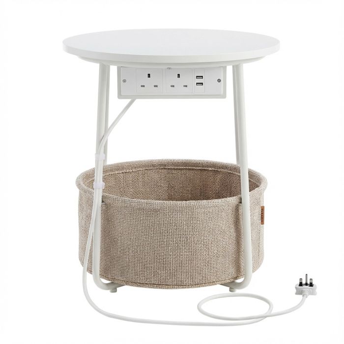 DENABE Round Side Table with Fabric Basket - White