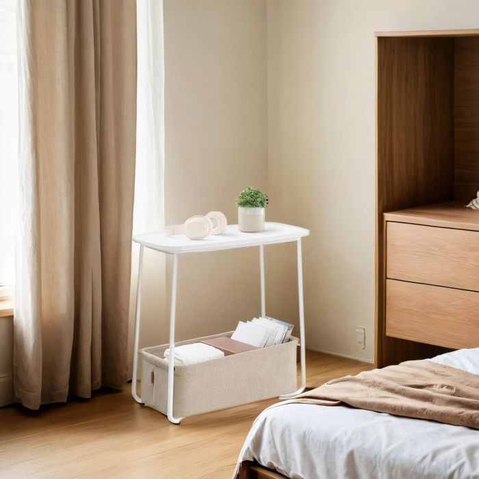 Side Table - VERRA Small Bedside Table with Fabric Basket Rectangular - White