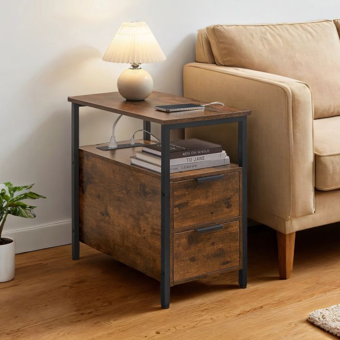 Side Table - VERRA Slim Bedside Table with Charging Station 2 Drawers - Black