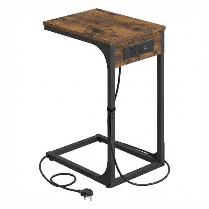 DEXUBI C-Shaped Side Table with USB Ports - Rustic Brown