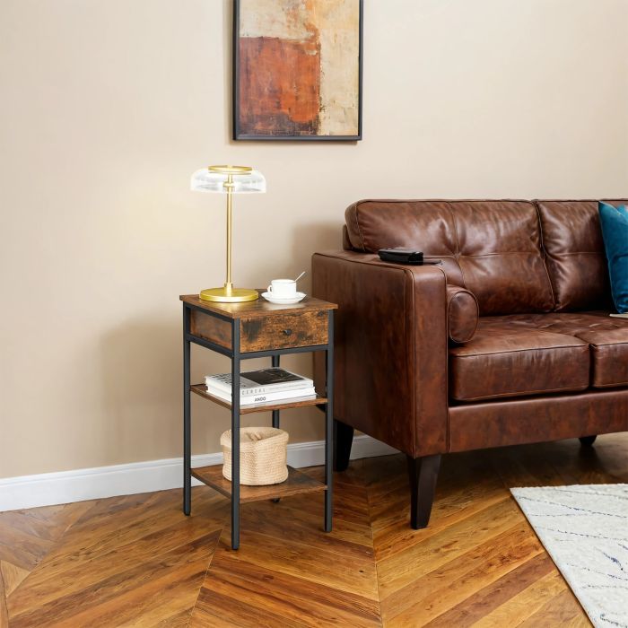 Nightstand - VERRA Drawer and 2 Storage Shelves Space Saving Rustic Brown