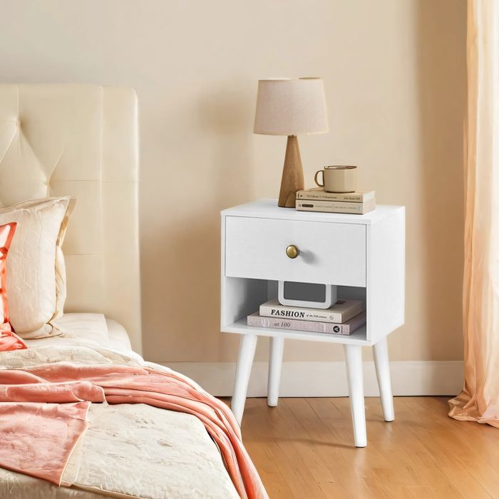 Bedside Table - VERRA Storage Drawer Open Shelf Solid Wood Leg - White