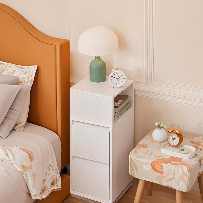 Side Table - VERRA Narrow Slim End Table with 2 Drawers and 1 Open Compartment - White